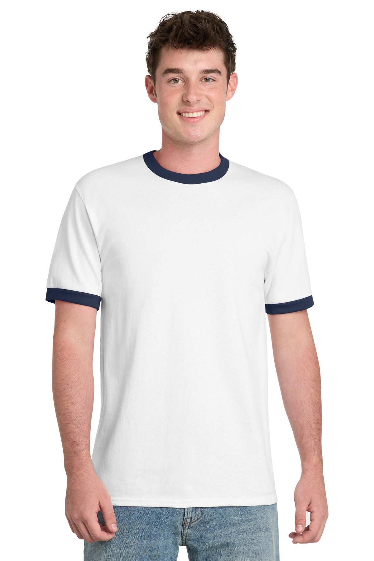 Port & Co Core Cotton Ringer Tee. PC54R - White/ Navy - front