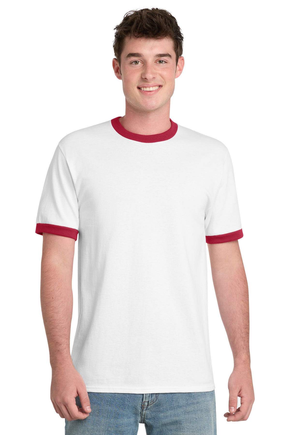 Port & Co Core Cotton Ringer Tee. PC54R - White/ Red - front