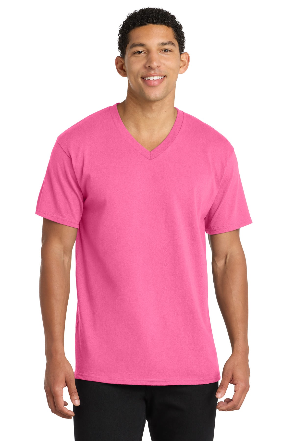 Port & Co Core Cotton V-Neck Tee. PC54V - Neon Pink - front