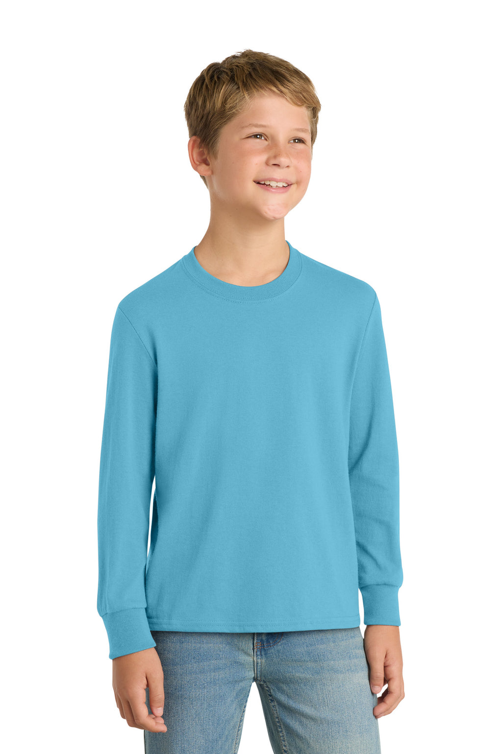 Port & Co Youth Long Sleeve Core Cotton Tee. PC54YLS - Aquatic Blue - front