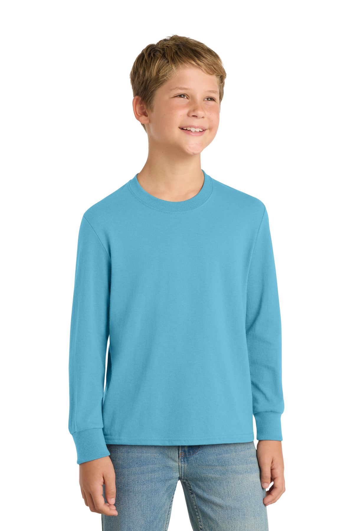 Port & Co Youth Long Sleeve Core Cotton Tee. PC54YLS - Aquatic Blue - front