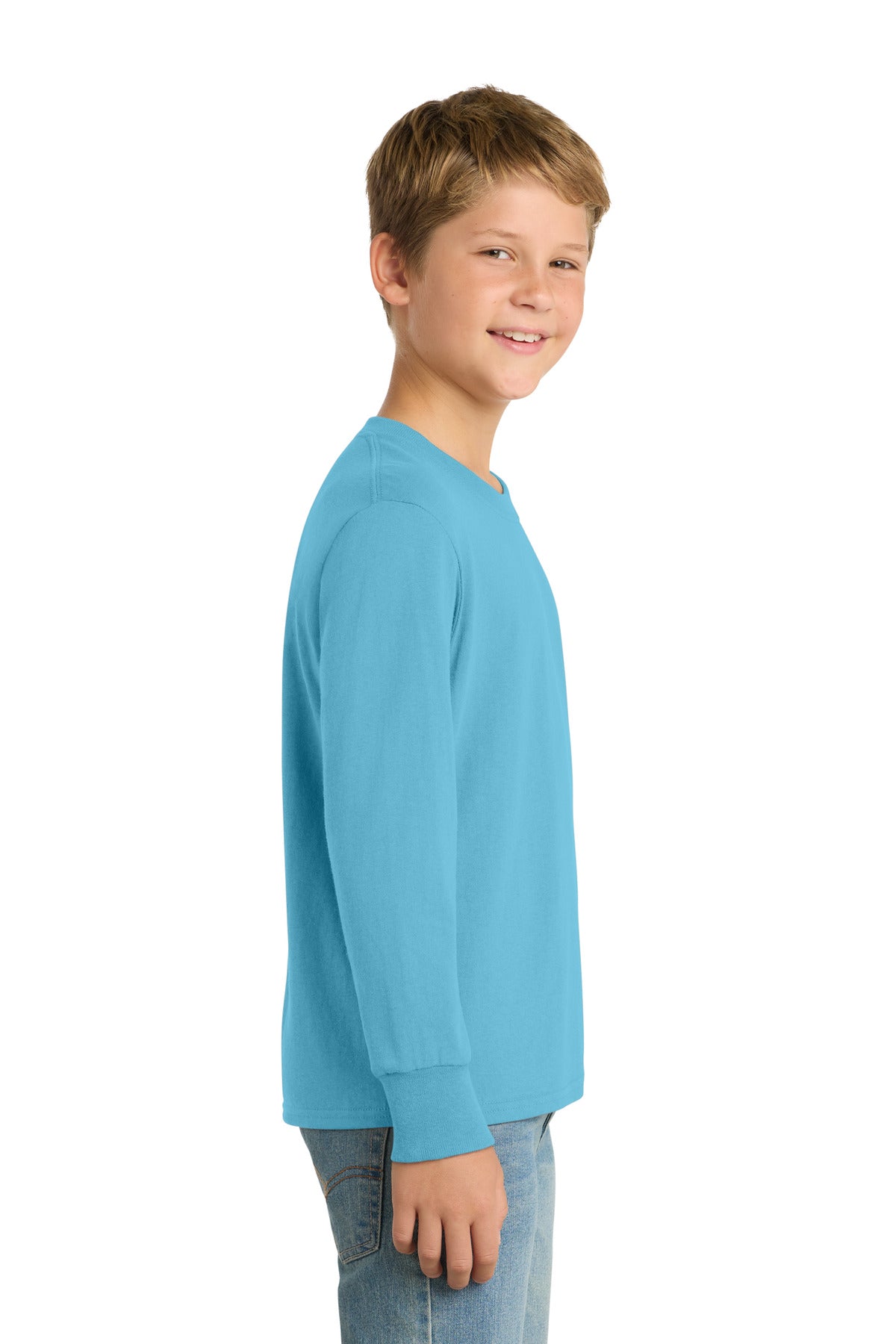 Port & Co Youth Long Sleeve Core Cotton Tee. PC54YLS - Aquatic Blue - side