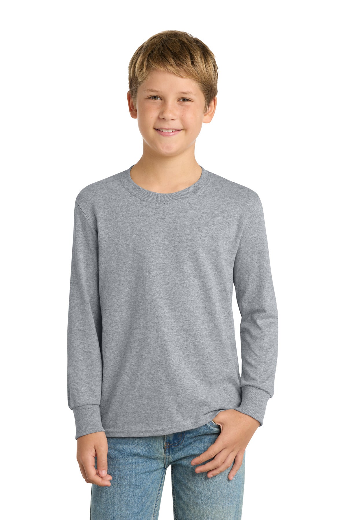 Port & Co Youth Long Sleeve Core Cotton Tee. PC54YLS - Athletic Heather - front