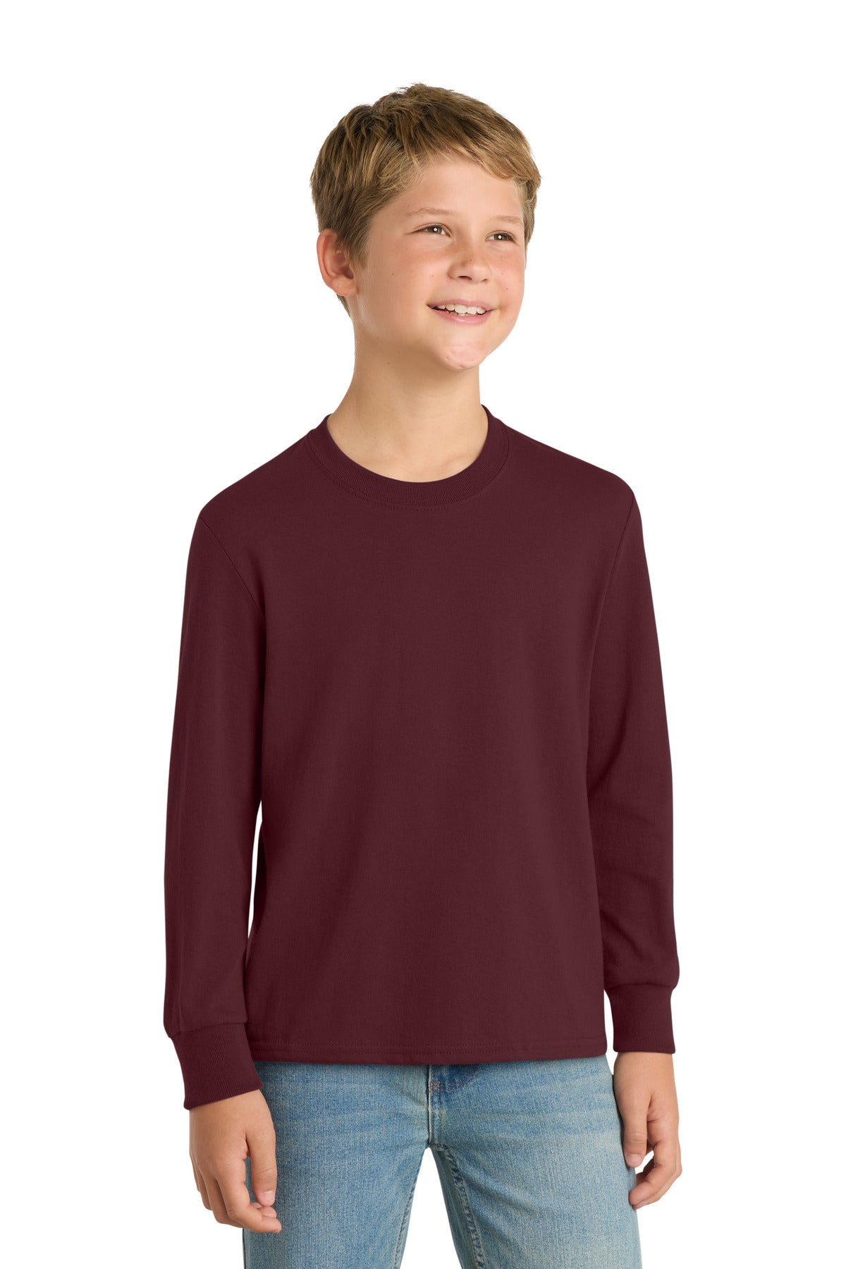 Port & Co Youth Long Sleeve Core Cotton Tee. PC54YLS - Athletic Maroon - front