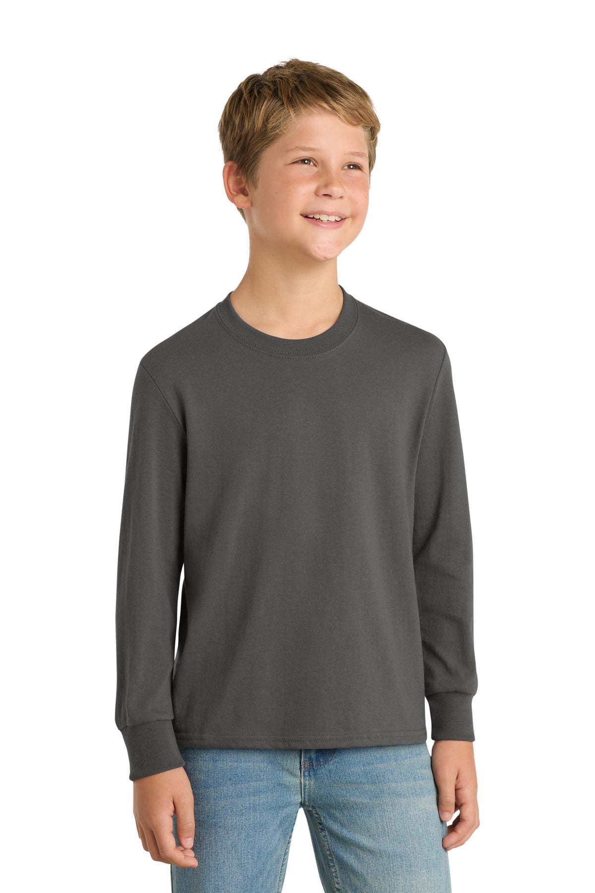 Port & Co Youth Long Sleeve Core Cotton Tee. PC54YLS - Charcoal - front