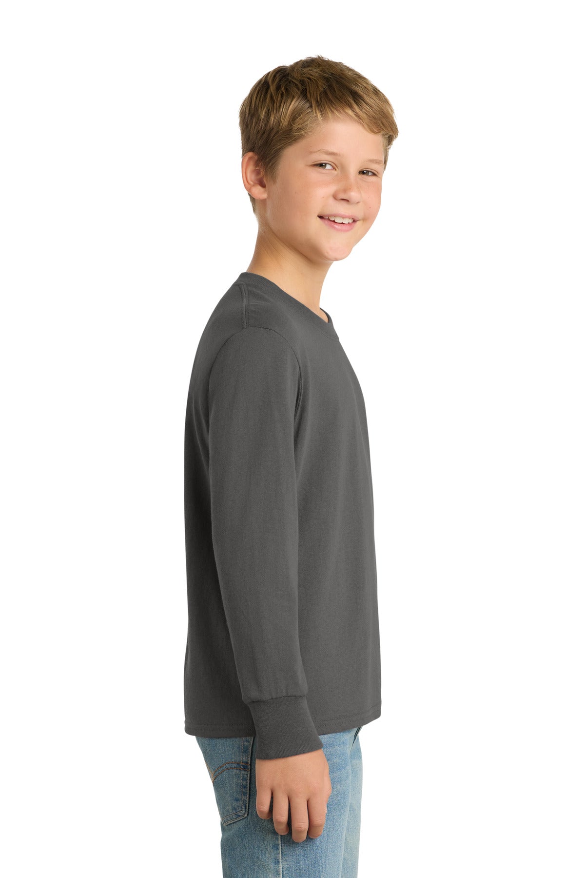 Port & Co Youth Long Sleeve Core Cotton Tee. PC54YLS - Charcoal - side