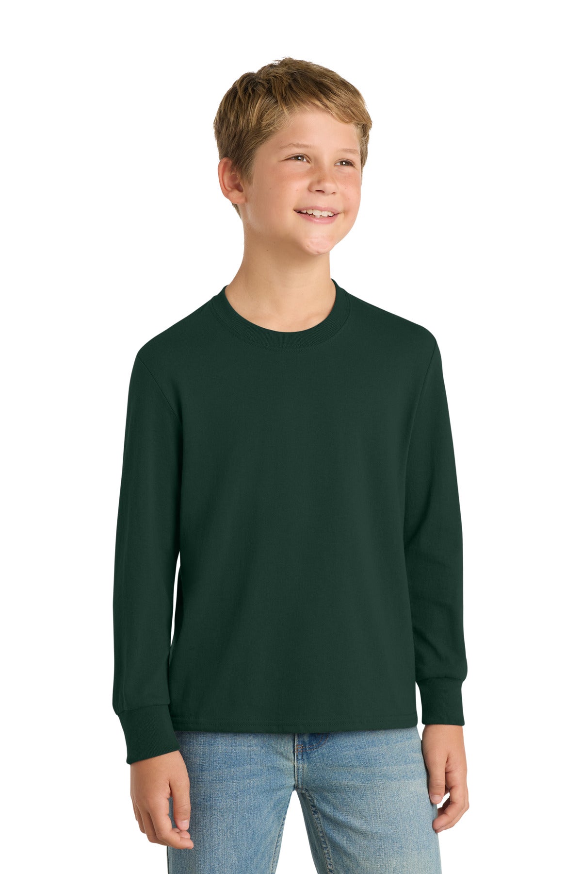 Port & Co Youth Long Sleeve Core Cotton Tee. PC54YLS - Dark Green - front