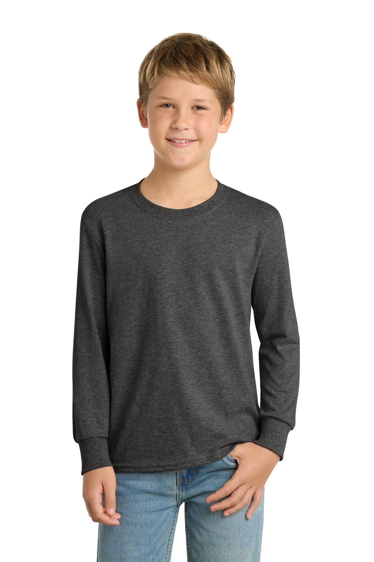 Port & Co Youth Long Sleeve Core Cotton Tee. PC54YLS - Dark Heather Grey - front