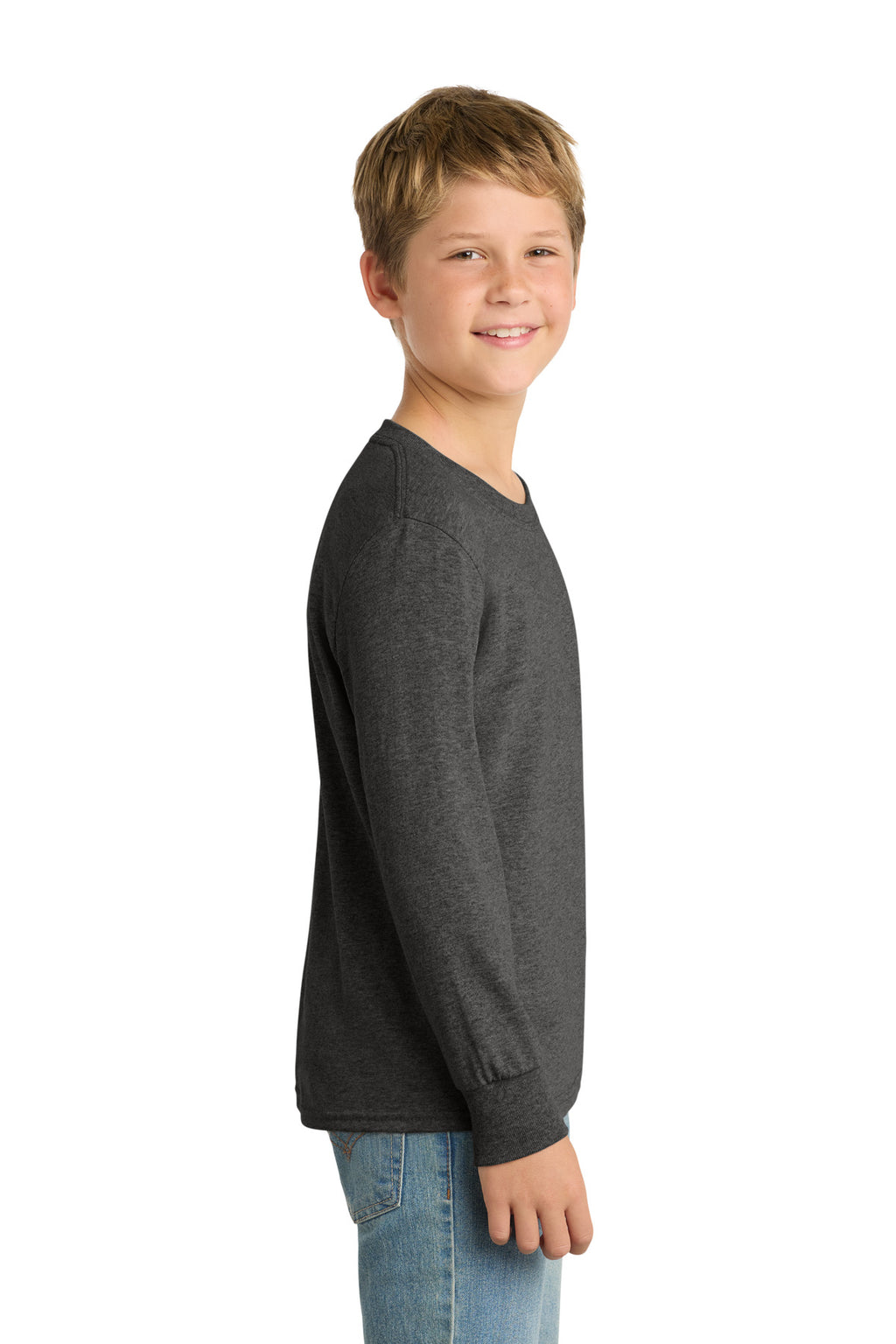 Port & Co Youth Long Sleeve Core Cotton Tee. PC54YLS - Dark Heather Grey - side