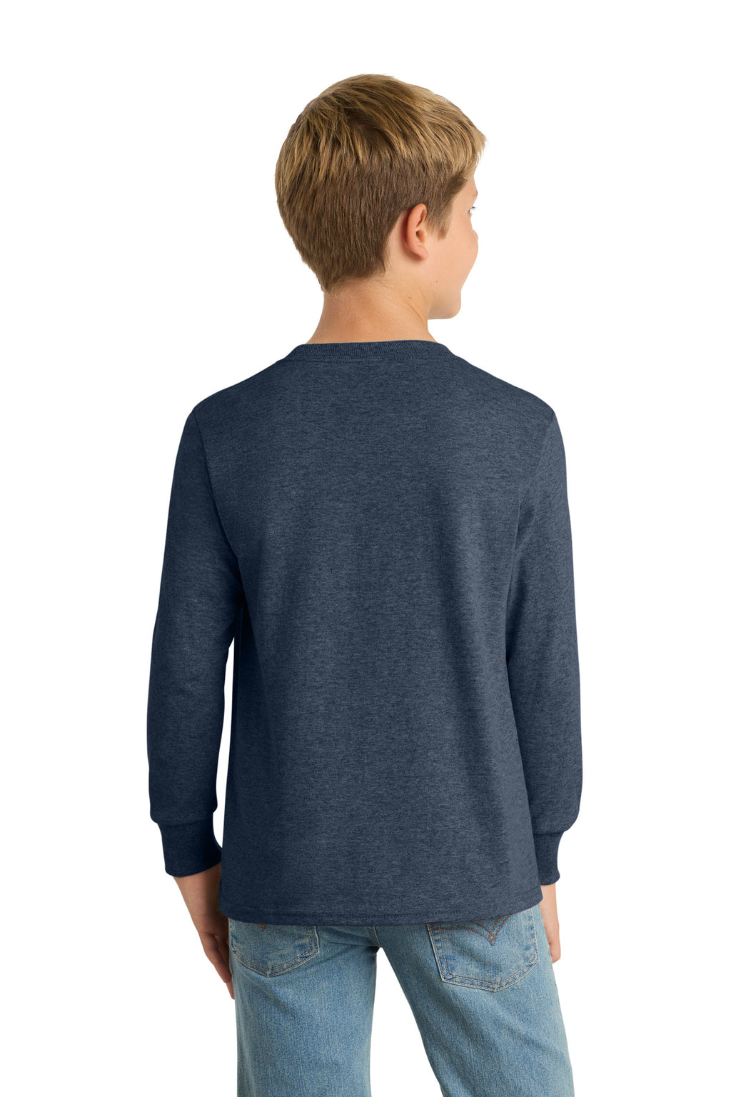 Port & Co Youth Long Sleeve Core Cotton Tee. PC54YLS - Heather Navy - back