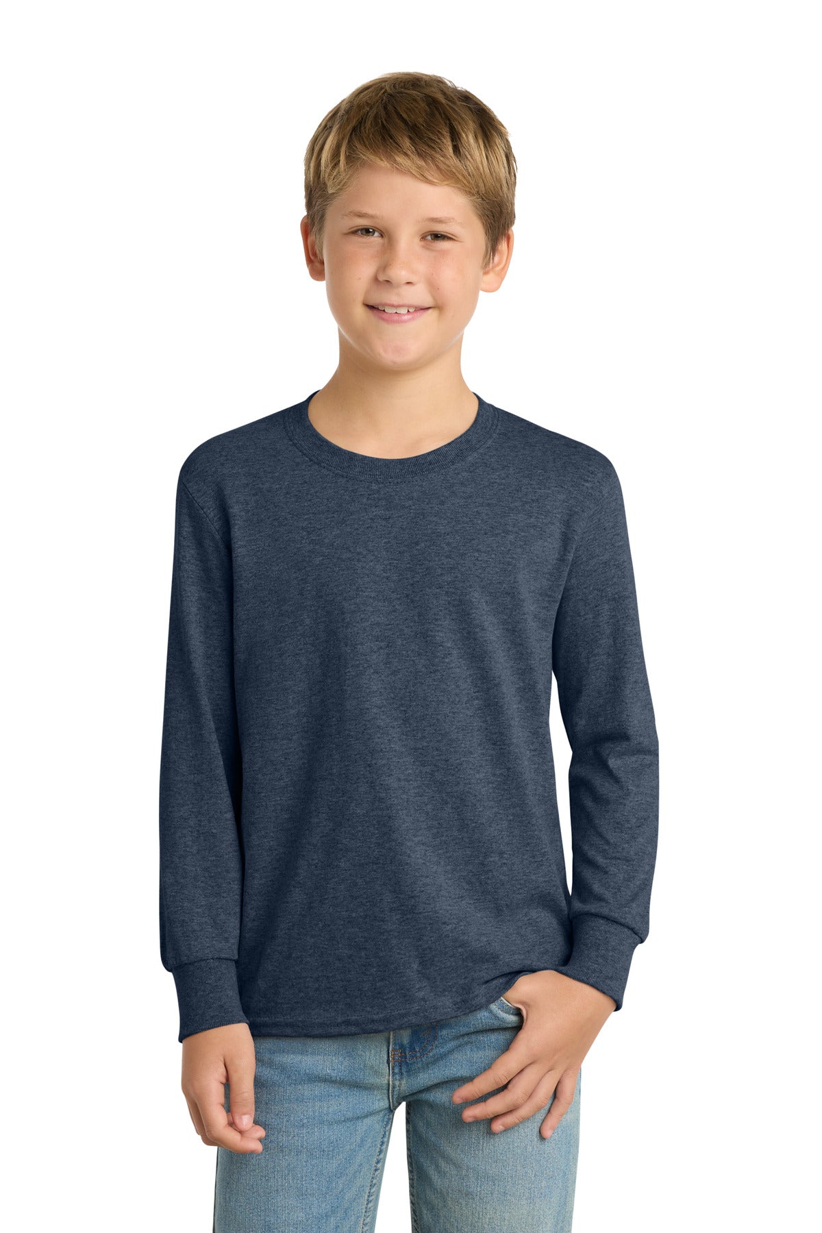 Port & Co Youth Long Sleeve Core Cotton Tee. PC54YLS - Heather Navy - front