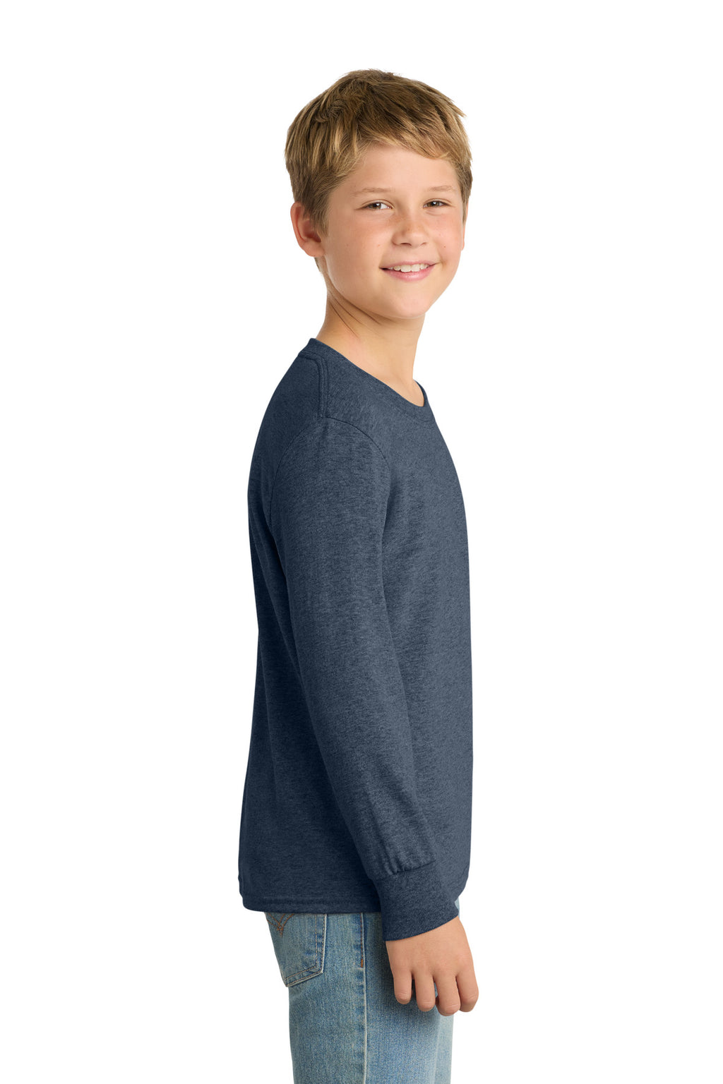 Port & Co Youth Long Sleeve Core Cotton Tee. PC54YLS - Heather Navy - side