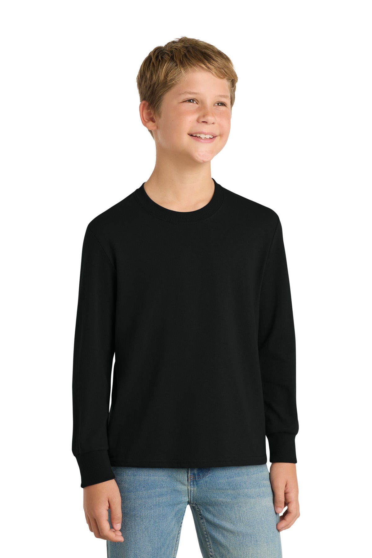 Port & Co Youth Long Sleeve Core Cotton Tee. PC54YLS - Jet Black - front