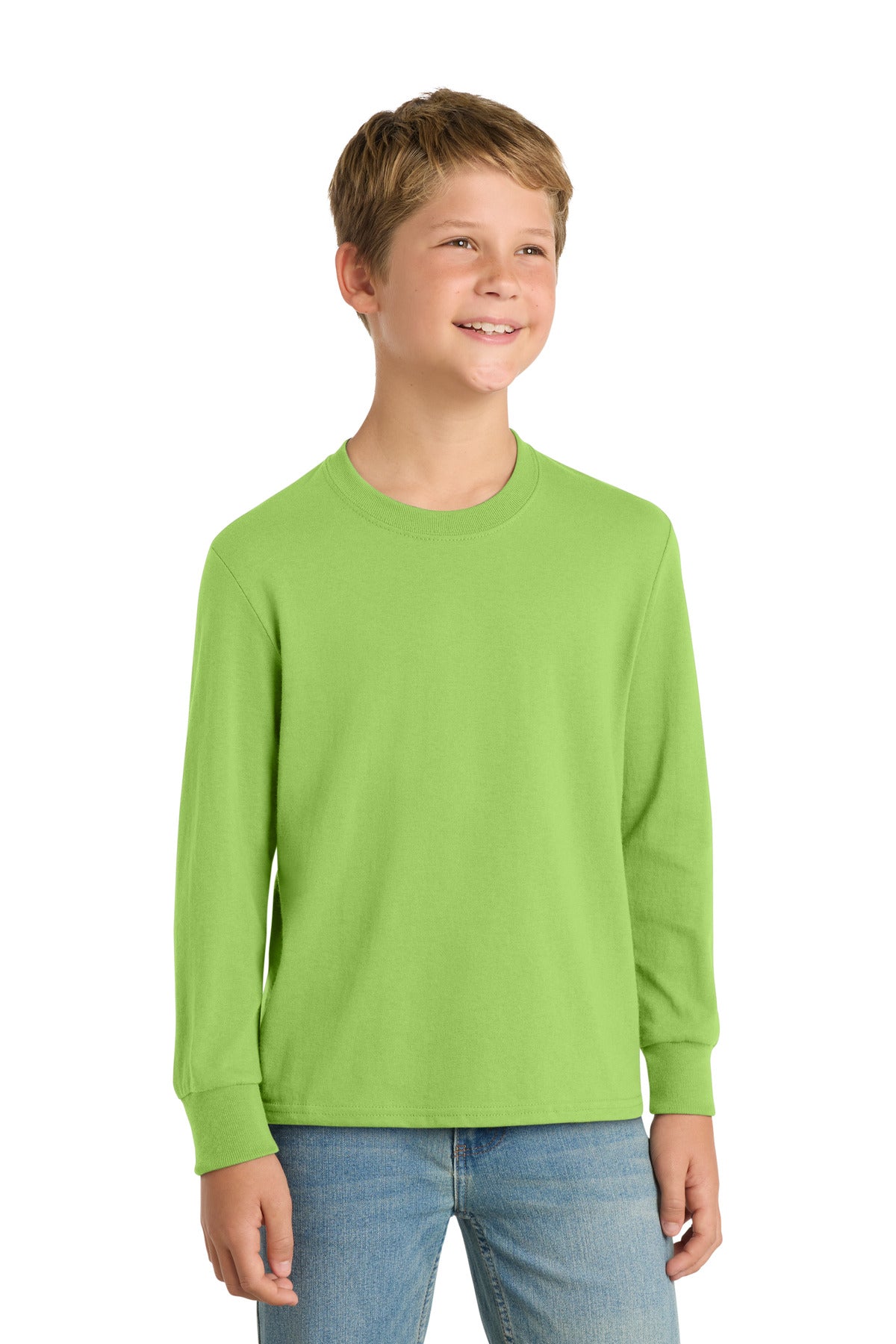 Port & Co Youth Long Sleeve Core Cotton Tee. PC54YLS - Lime - front