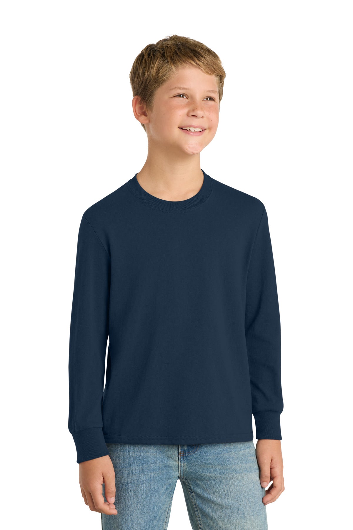 Port & Co Youth Long Sleeve Core Cotton Tee. PC54YLS - Navy - front