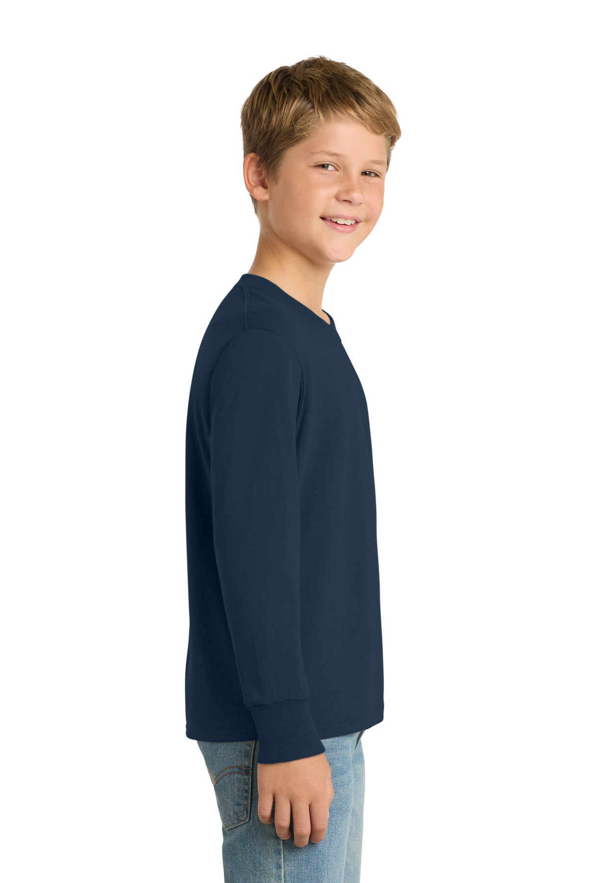 Port & Co Youth Long Sleeve Core Cotton Tee. PC54YLS - Navy - side
