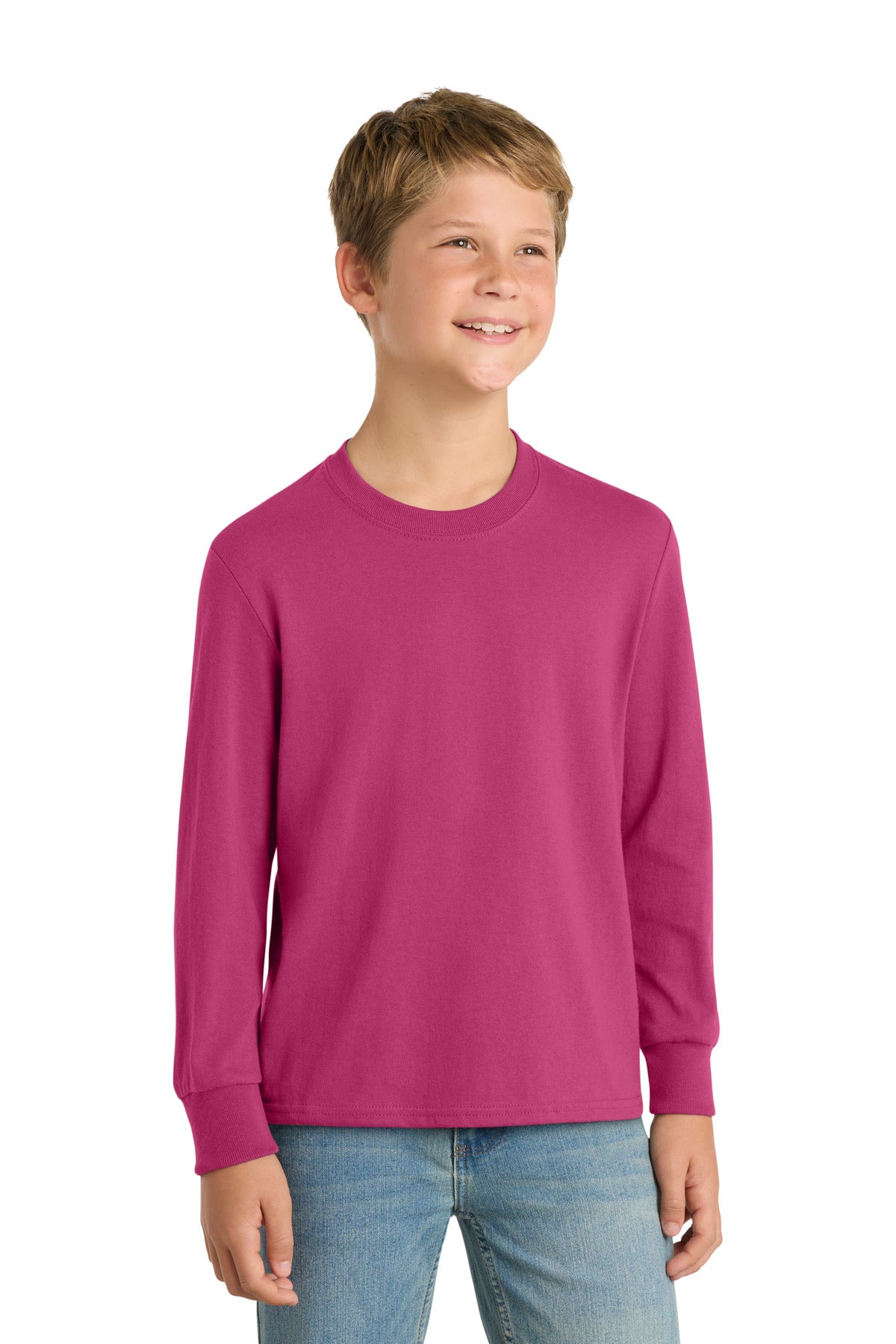 Port & Co Youth Long Sleeve Core Cotton Tee. PC54YLS - Sangria - front