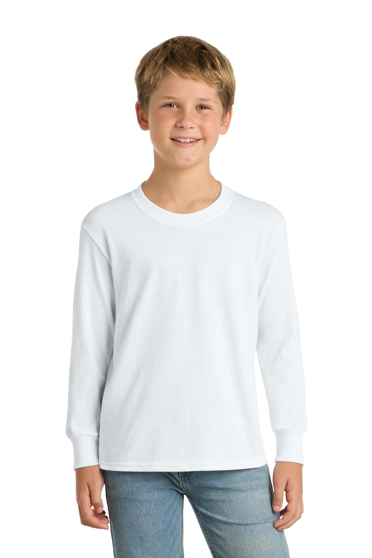 Port & Co Youth Long Sleeve Core Cotton Tee. PC54YLS - White - front