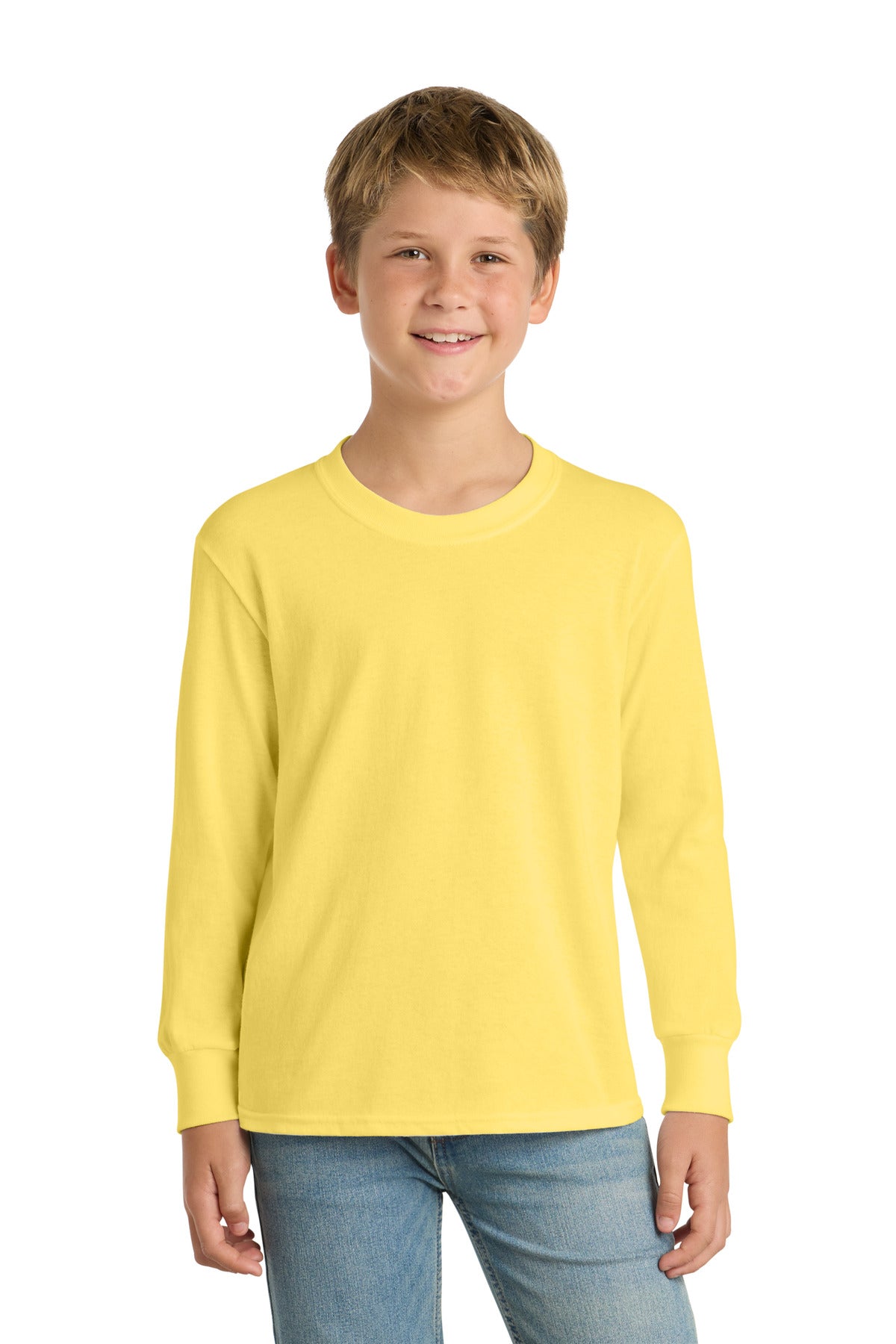 Port & Co Youth Long Sleeve Core Cotton Tee. PC54YLS - Yellow - front