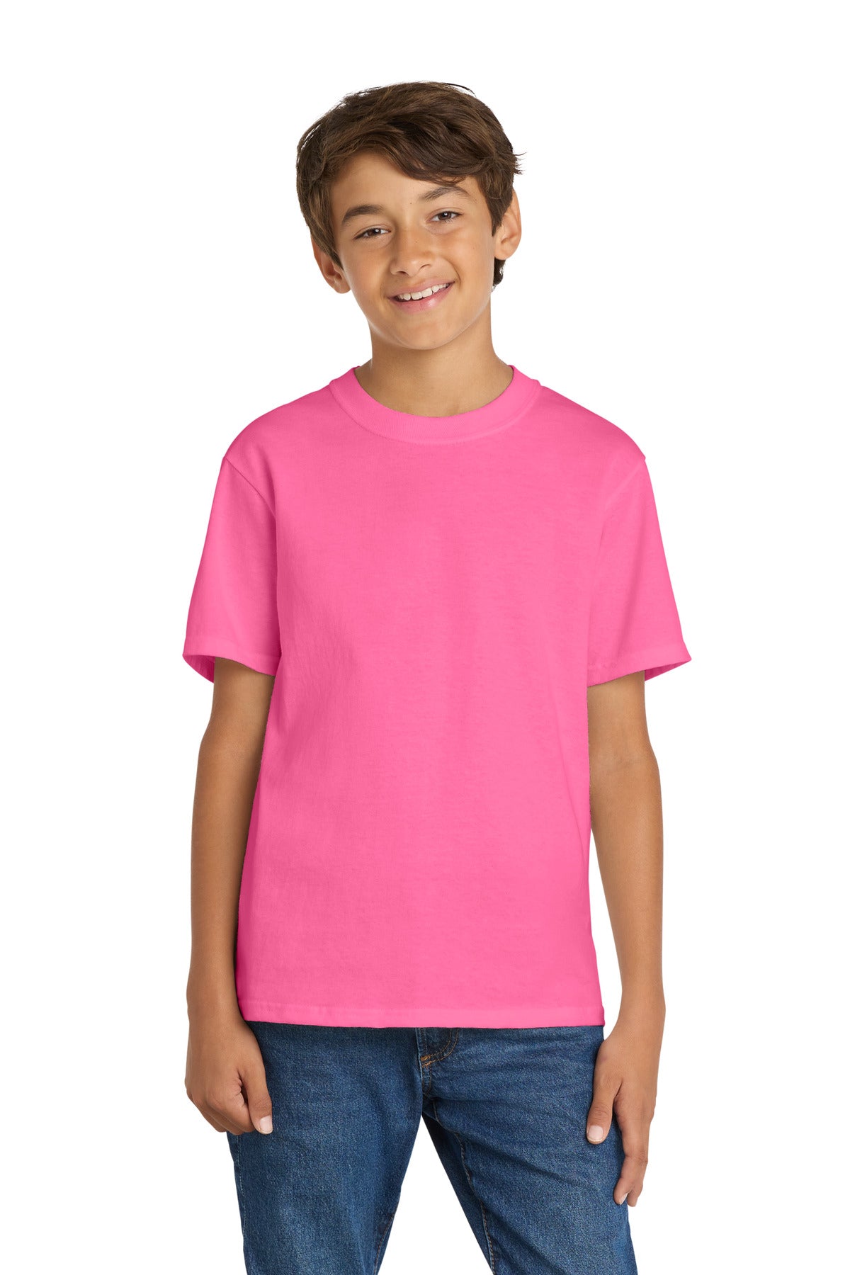 Port & Co Youth Core Cotton Tee. PC54Y - Neon Pink - front