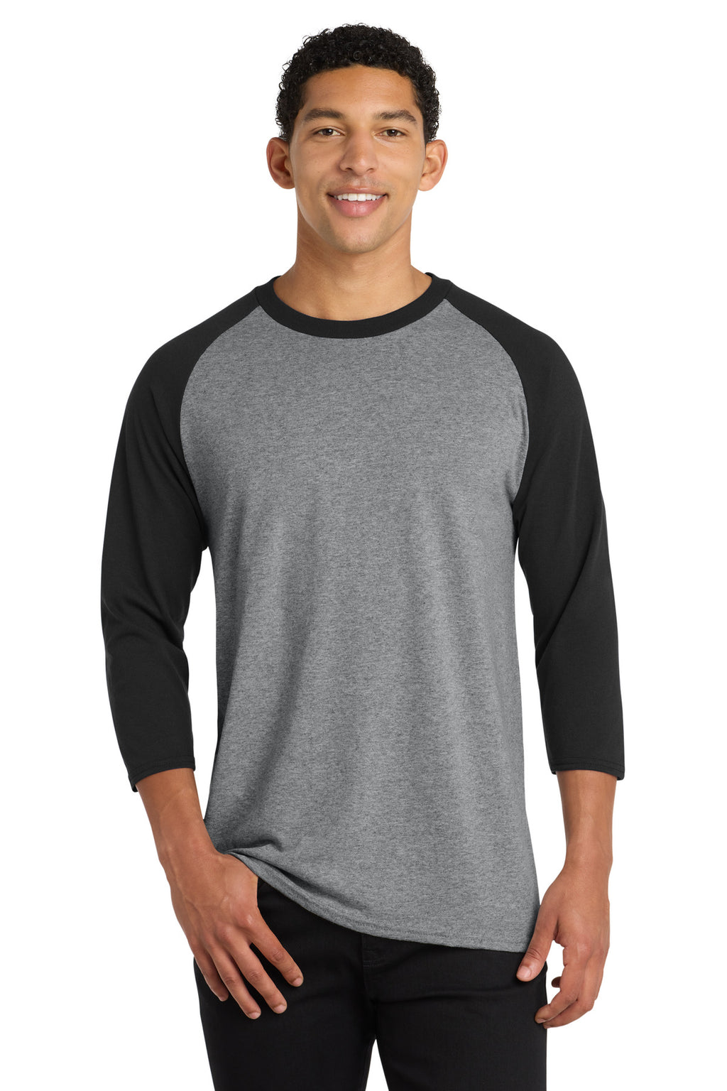 Port & Co Core Blend 3/4-Sleeve Raglan Tee. PC55RS - Athletic Heather/ Jet Black - front