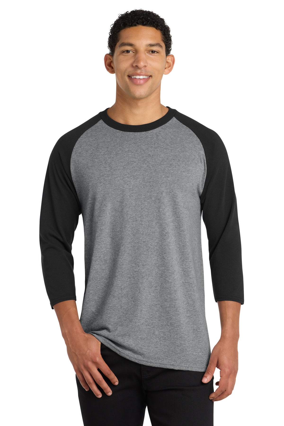 Port & Co Core Blend 3/4-Sleeve Raglan Tee. PC55RS - Athletic Heather/ Jet Black - front