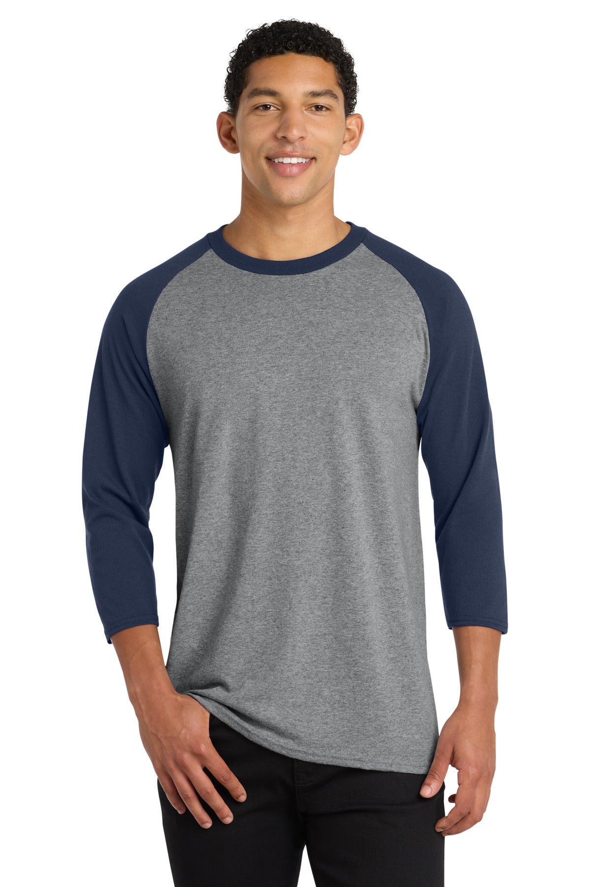 Port & Co Core Blend 3/4-Sleeve Raglan Tee. PC55RS - Athletic Heather/ Navy - front