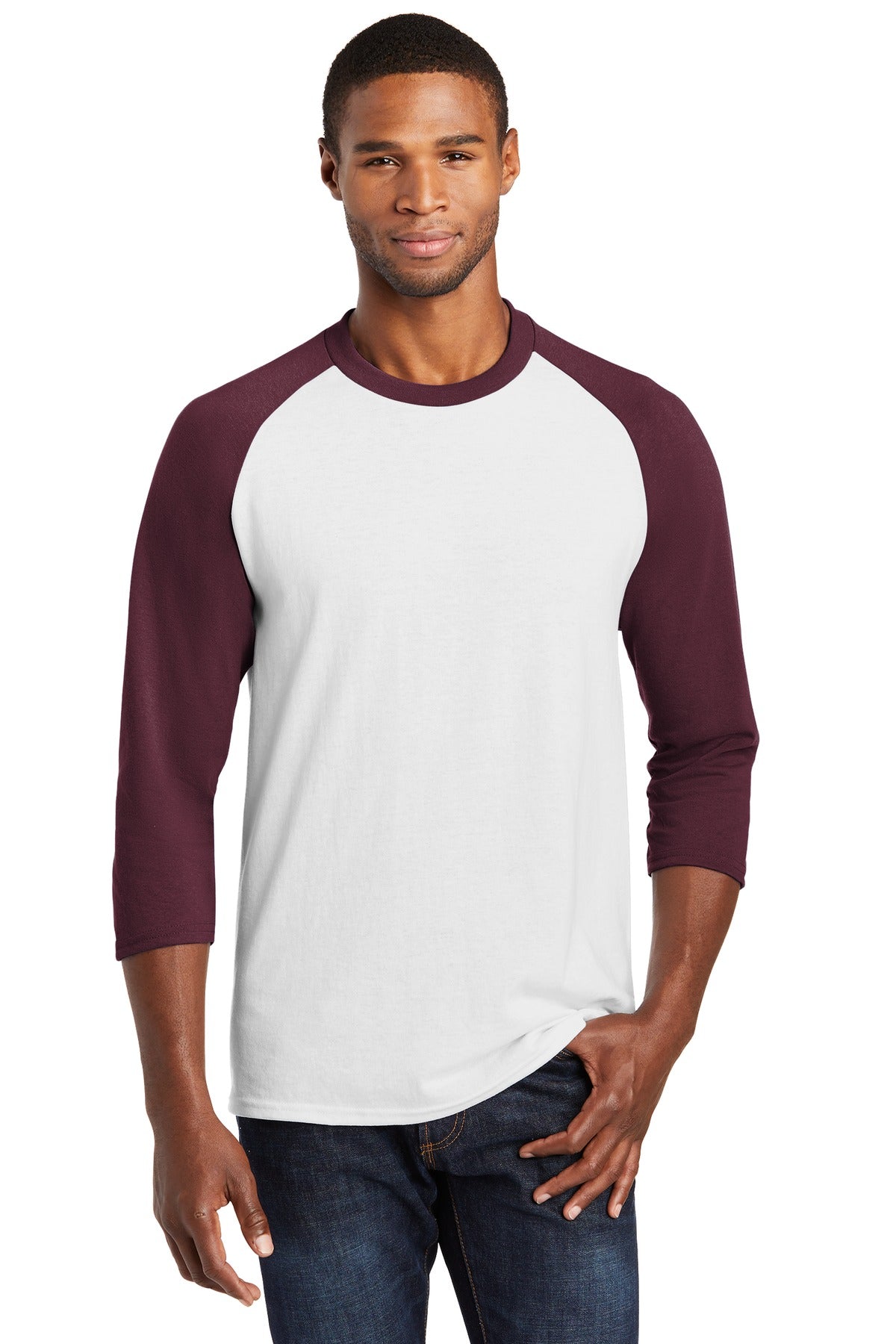 Port & Co Core Blend 3/4-Sleeve Raglan Tee. PC55RS - White/ Athletic Maroon - front