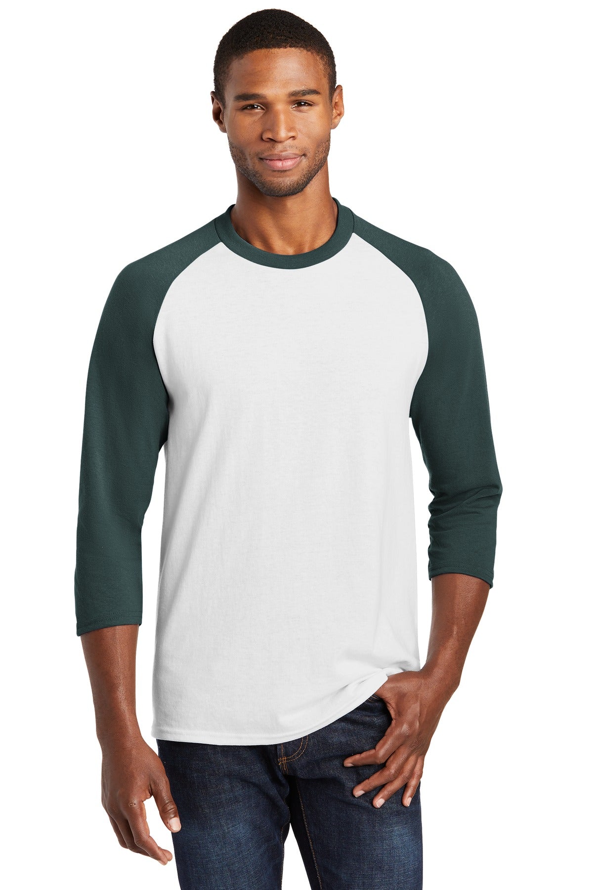 Port & Co Core Blend 3/4-Sleeve Raglan Tee. PC55RS - White/ Dark Green - front