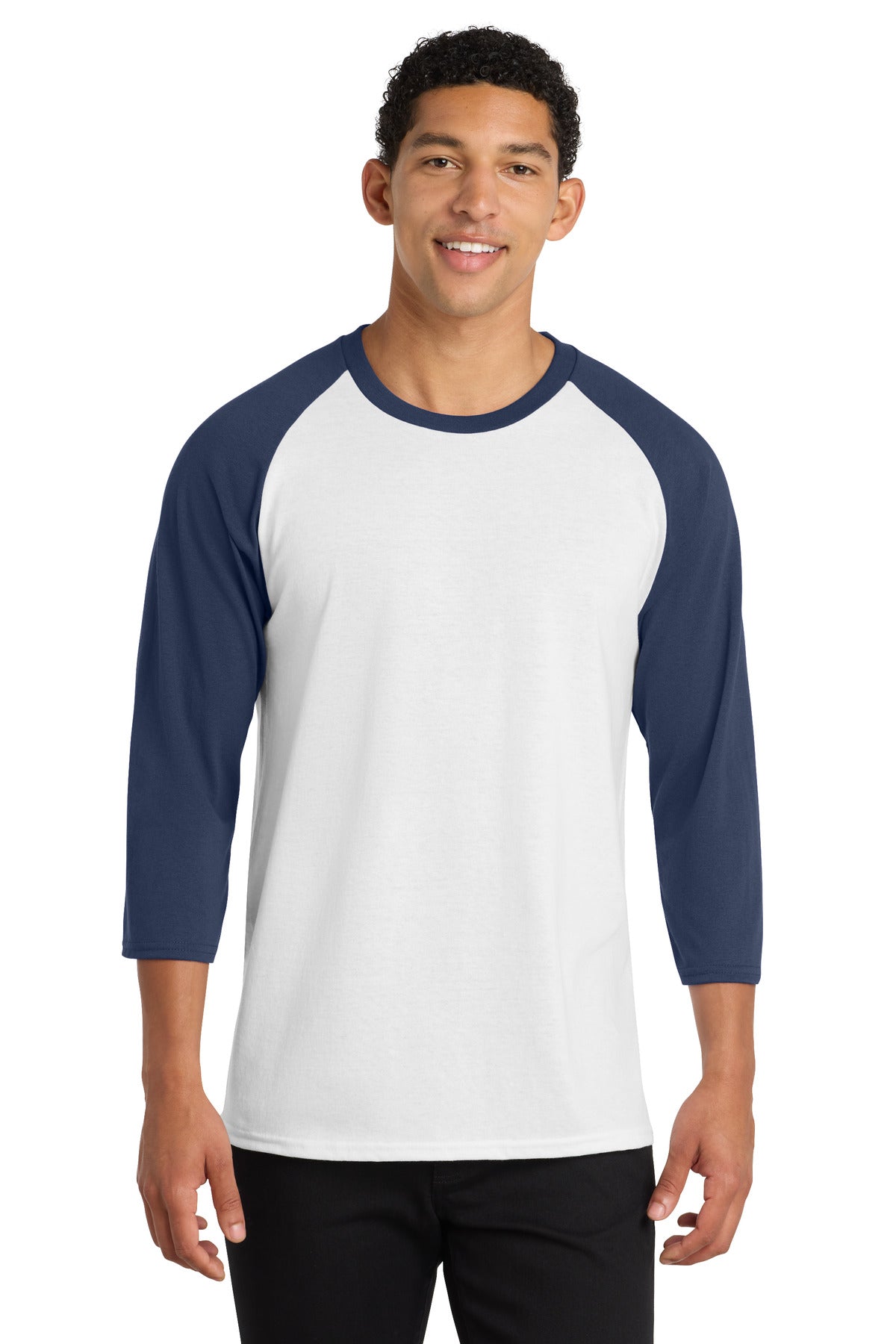 Port & Co Core Blend 3/4-Sleeve Raglan Tee. PC55RS - White/ Navy - front