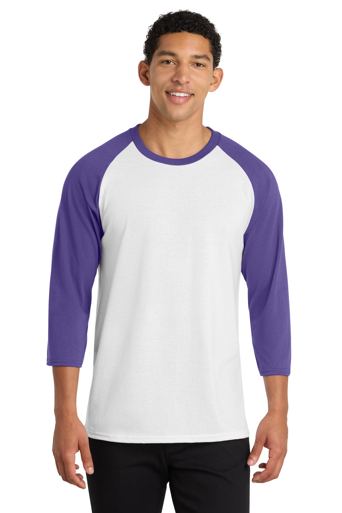 Port & Co Core Blend 3/4-Sleeve Raglan Tee. PC55RS - White/ Purple - front