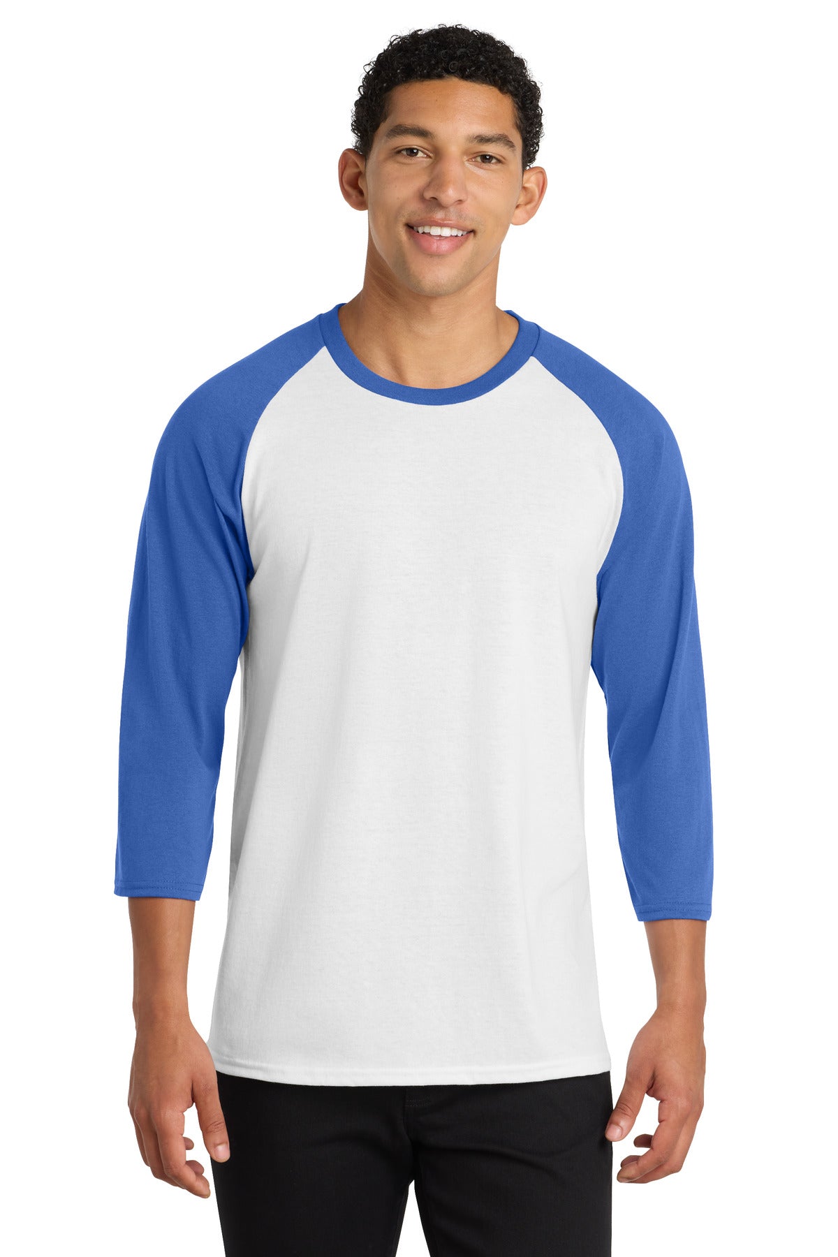 Port & Co Core Blend 3/4-Sleeve Raglan Tee. PC55RS - White/ Royal - front