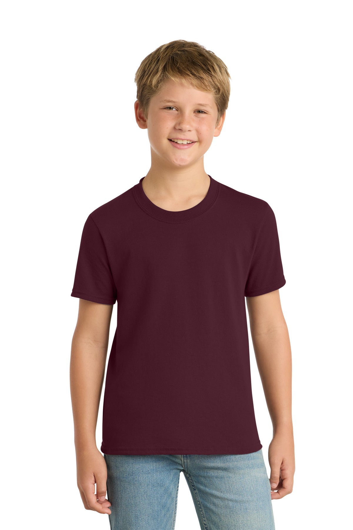 Port & Co Youth Core Blend Tee. PC55Y - Athletic Maroon - front