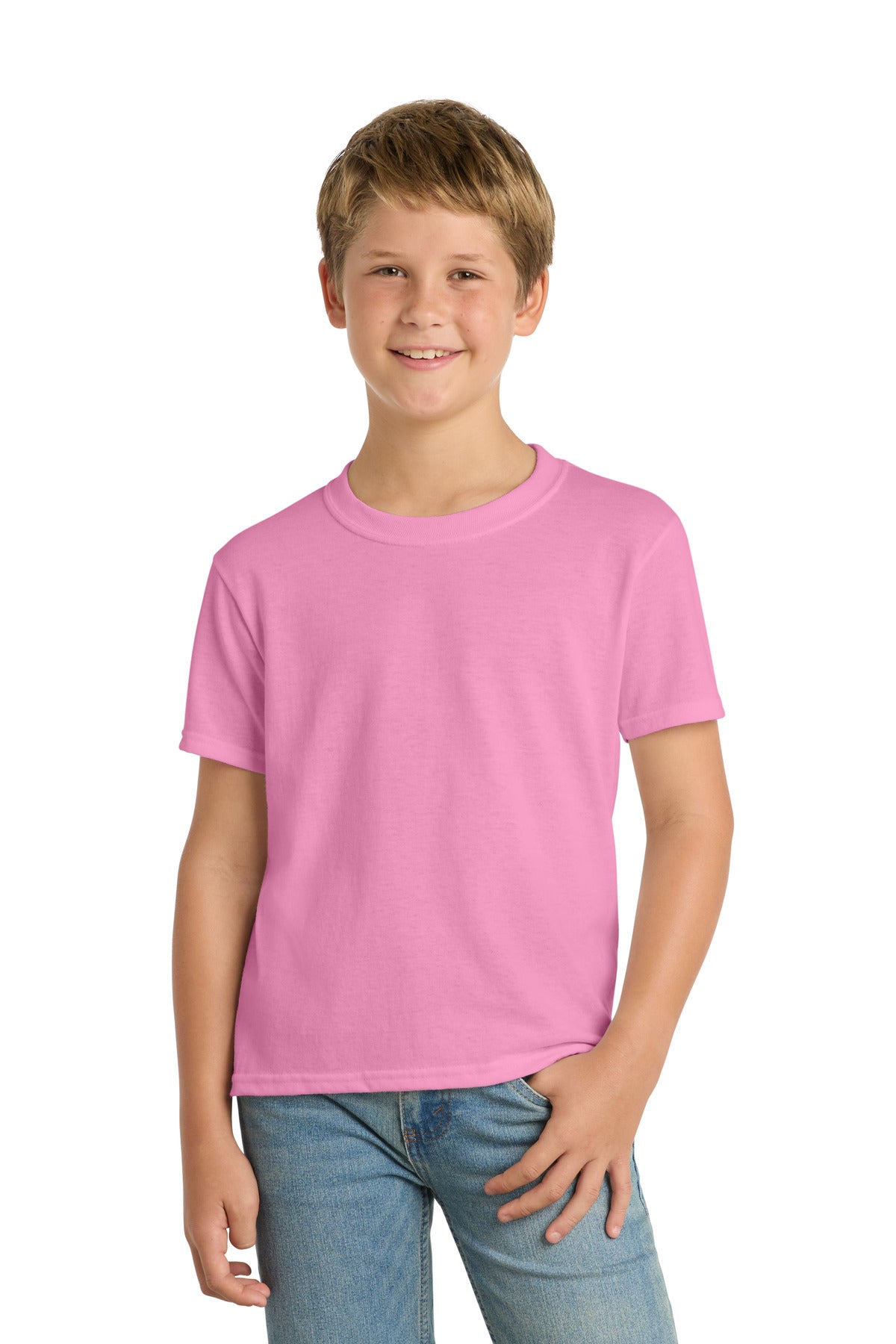 Port & Co Youth Core Blend Tee. PC55Y - Candy Pink - front