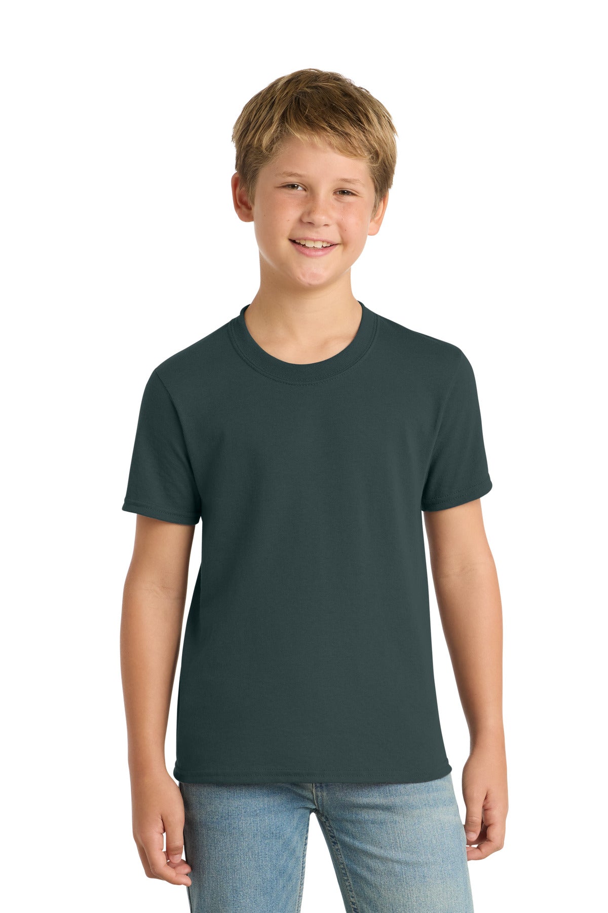 Port & Co Youth Core Blend Tee. PC55Y - Dark Green - front