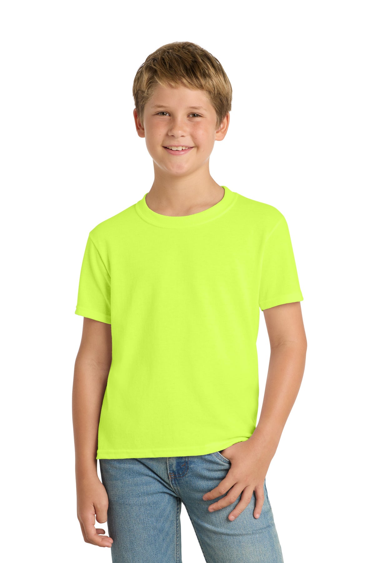 Port & Co Youth Core Blend Tee. PC55Y - Safety Green - front