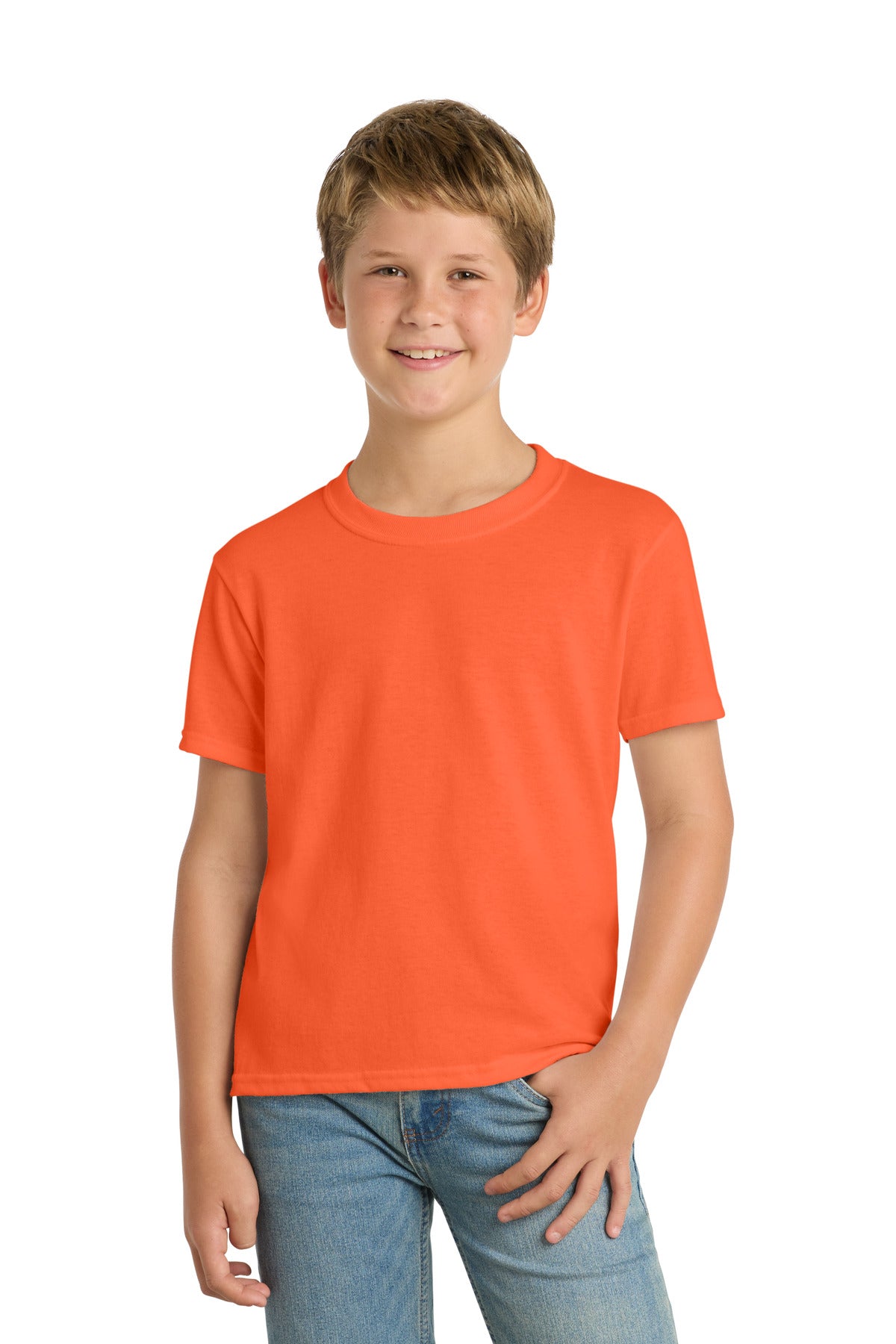 Port & Co Youth Core Blend Tee. PC55Y - Safety Orange - front