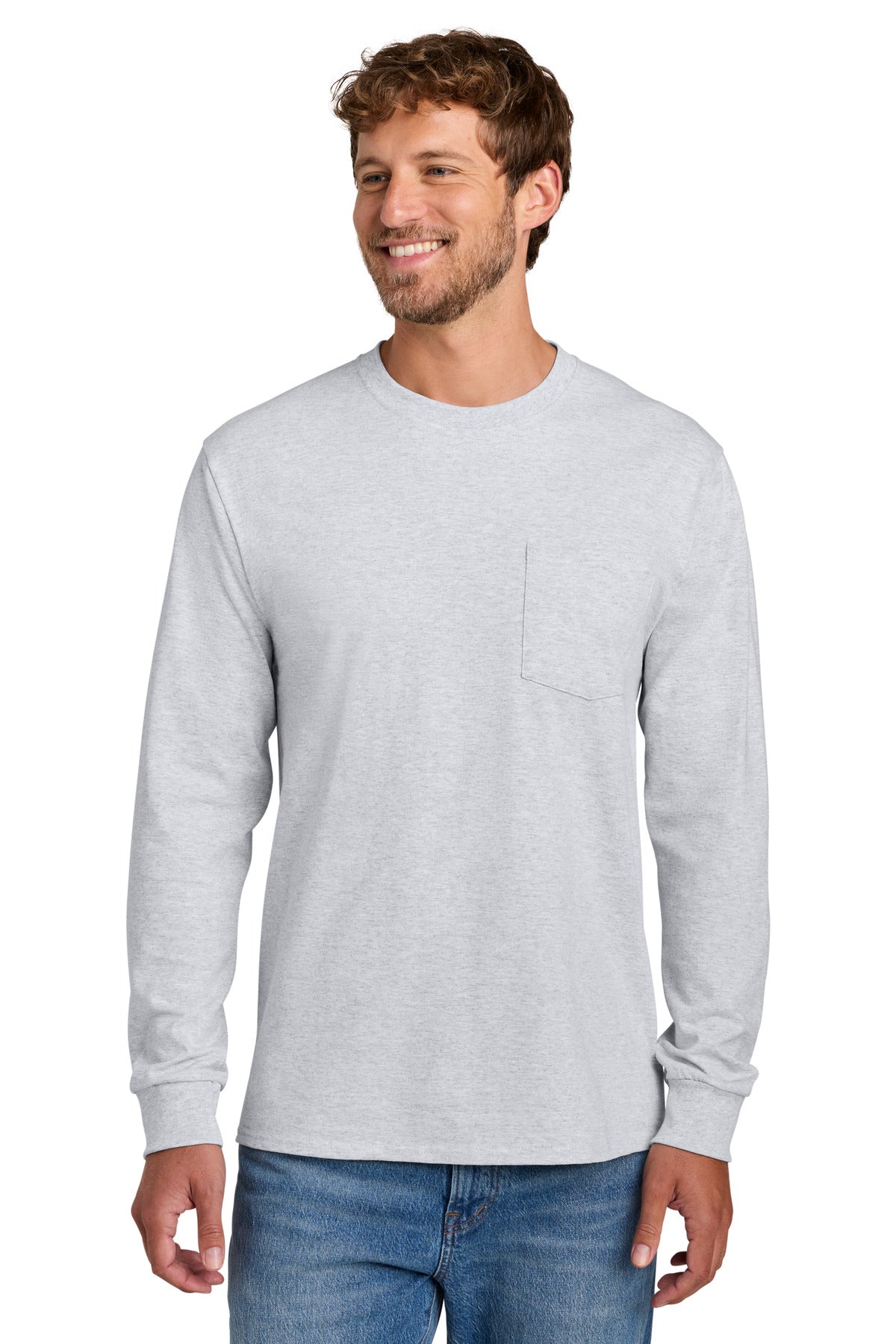 Port & Co Tall Long Sleeve Essential Pocket Tee. PC61LSPT - Ash - front