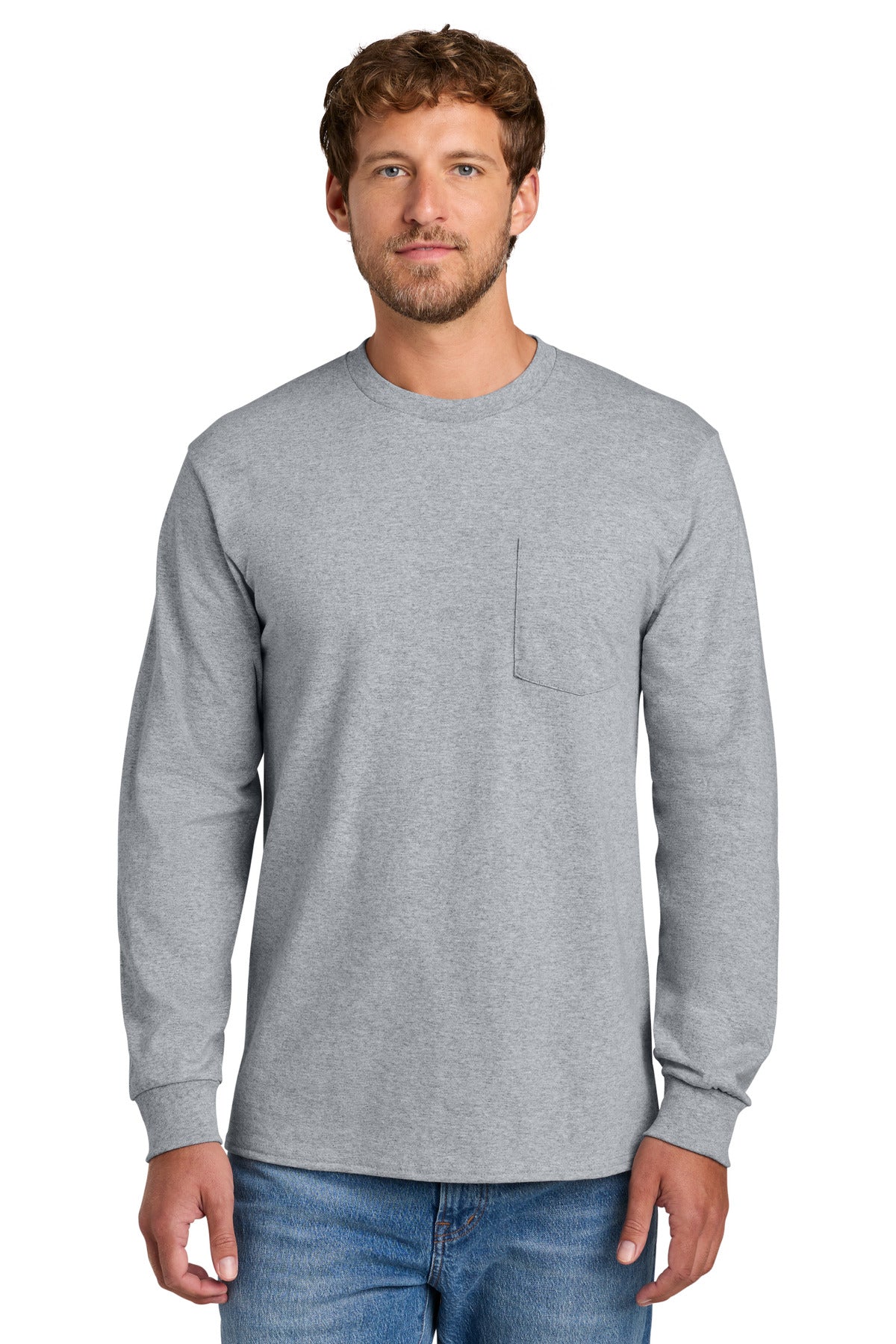 Port & Co Tall Long Sleeve Essential Pocket Tee. PC61LSPT - Athletic Heather - front