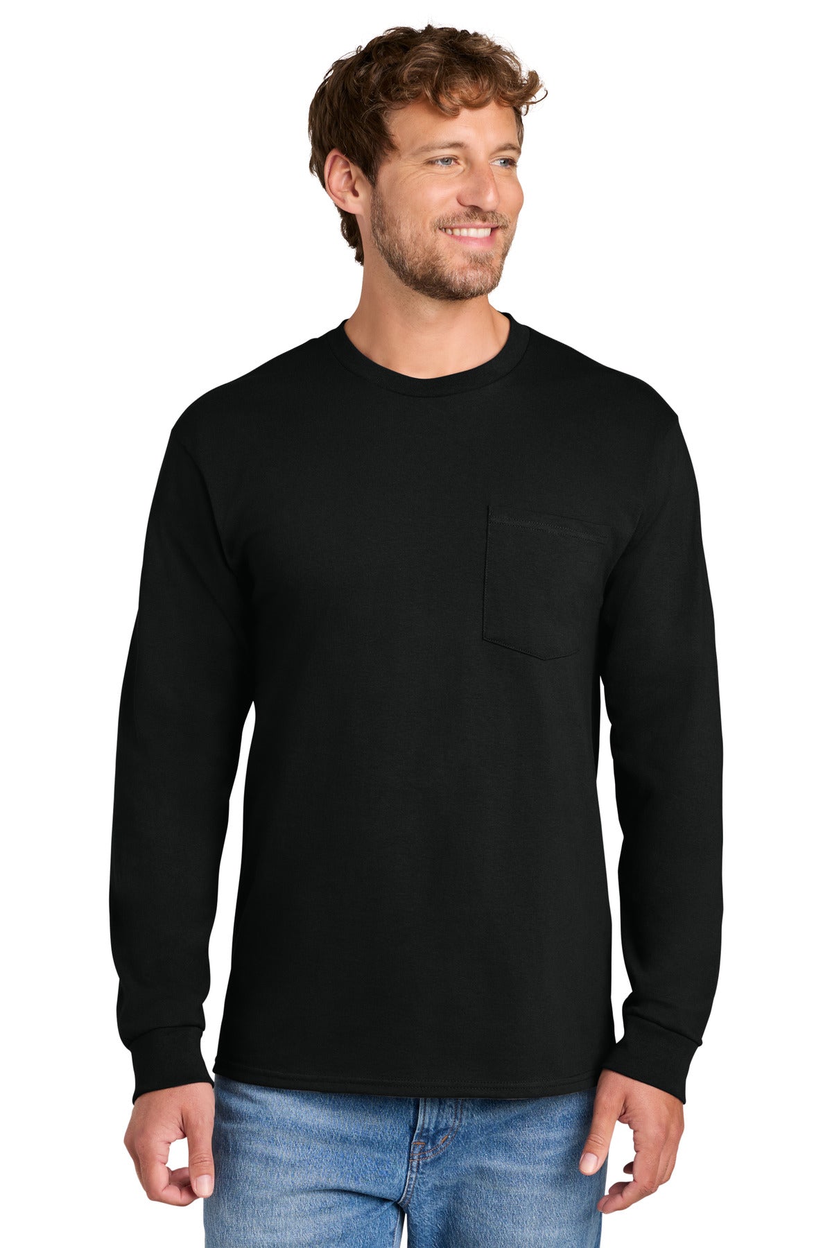 Port & Co Tall Long Sleeve Essential Pocket Tee. PC61LSPT - Jet Black - front
