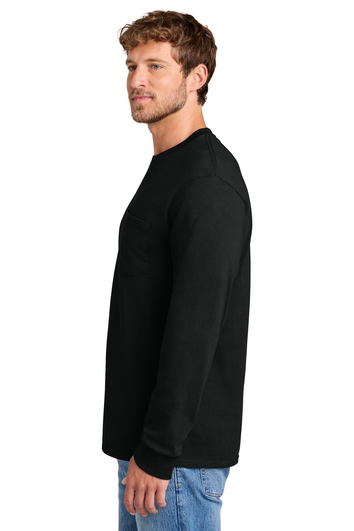 Port & Co Tall Long Sleeve Essential Pocket Tee. PC61LSPT - Jet Black - side