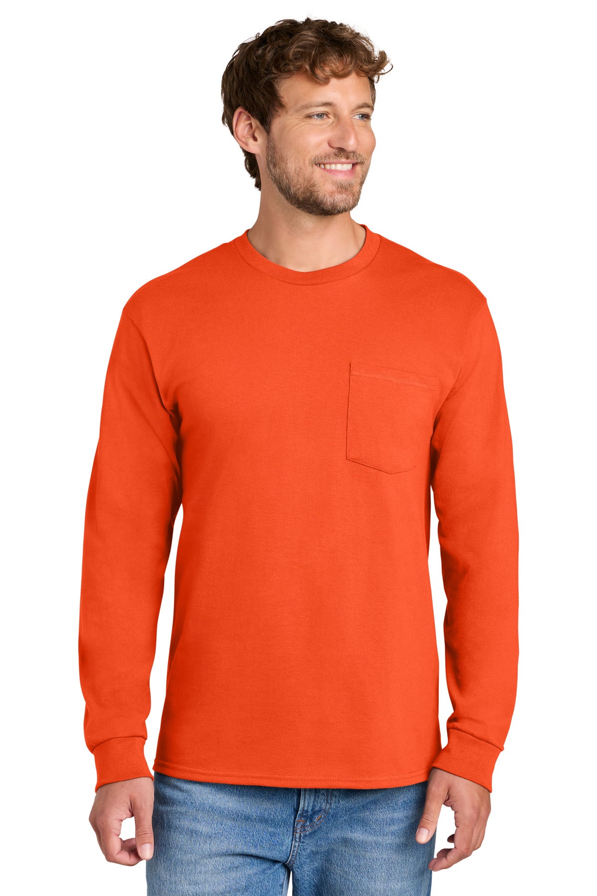 Port & Co Tall Long Sleeve Essential Pocket Tee. PC61LSPT - Orange - front