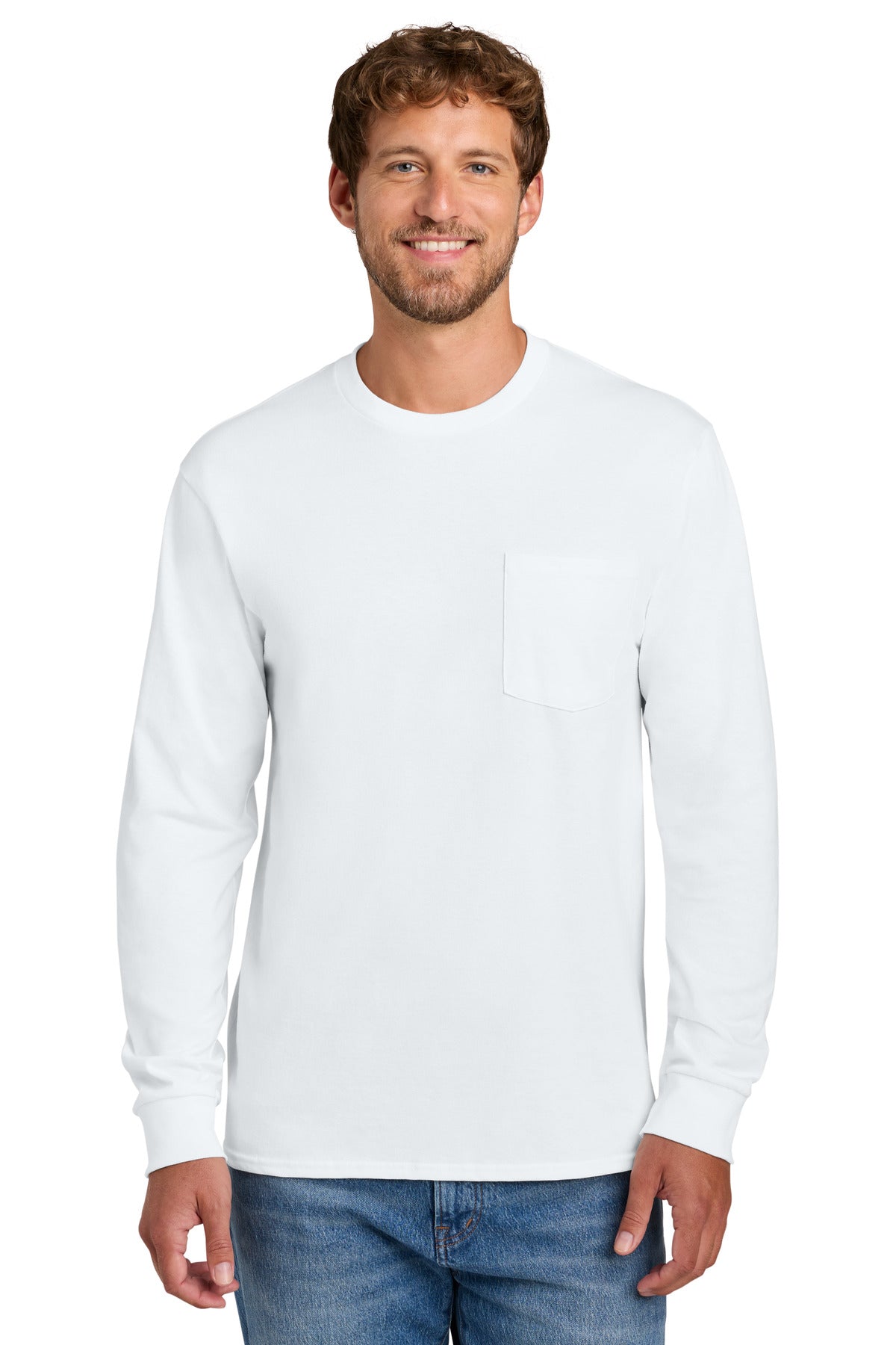 Port & Co Tall Long Sleeve Essential Pocket Tee. PC61LSPT - White - front