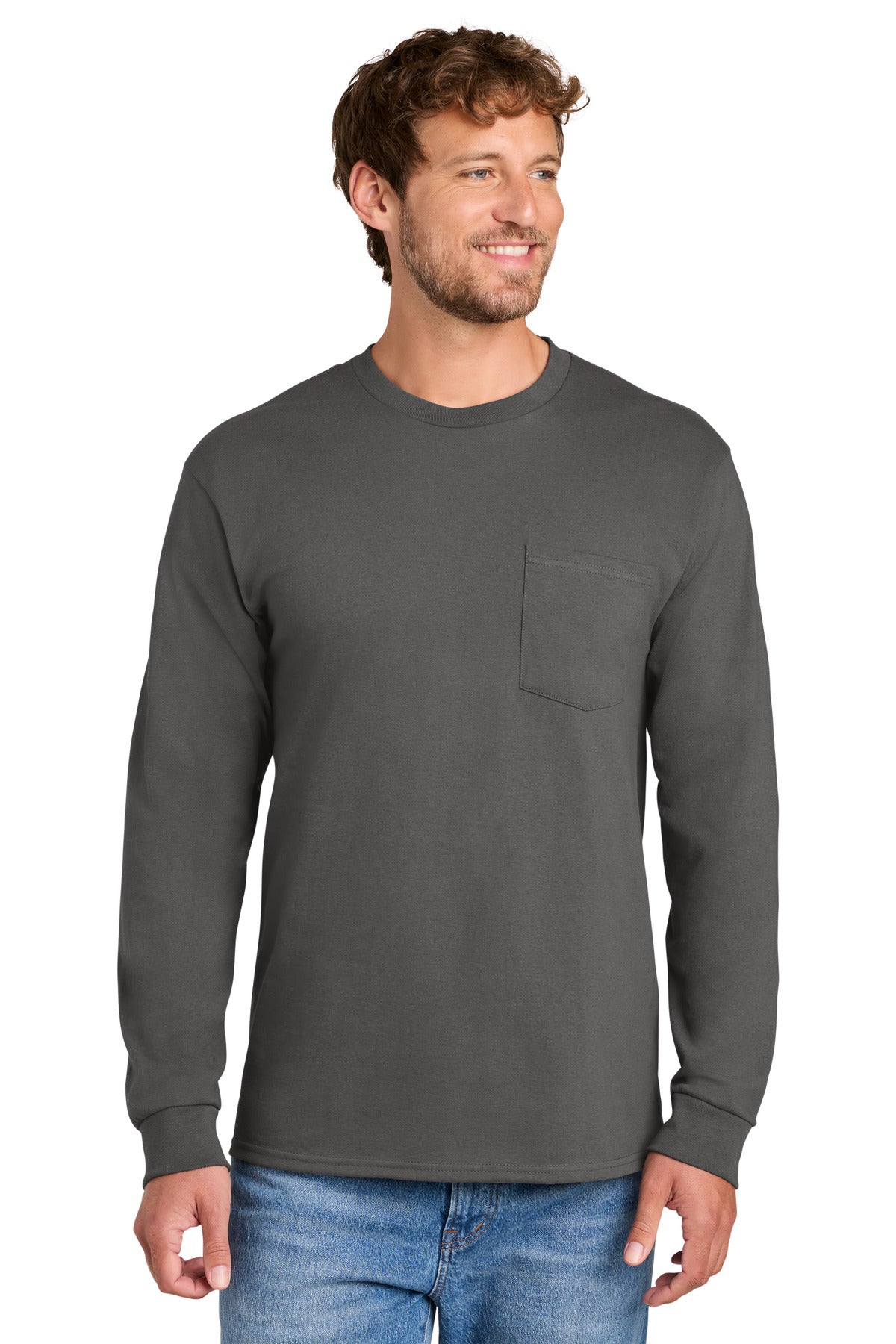Port & Co Long Sleeve Essential Pocket Tee. PC61LSP - Charcoal - front