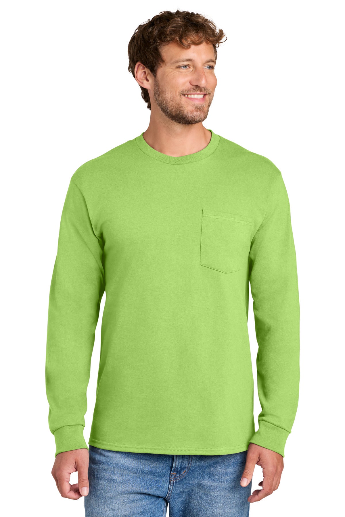 Port & Co Long Sleeve Essential Pocket Tee. PC61LSP - Lime - front