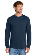 Port & Co Long Sleeve Essential Pocket Tee. PC61LSP - Navy - front