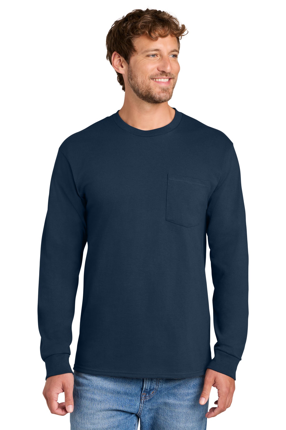 Port & Co Long Sleeve Essential Pocket Tee. PC61LSP - Navy - front