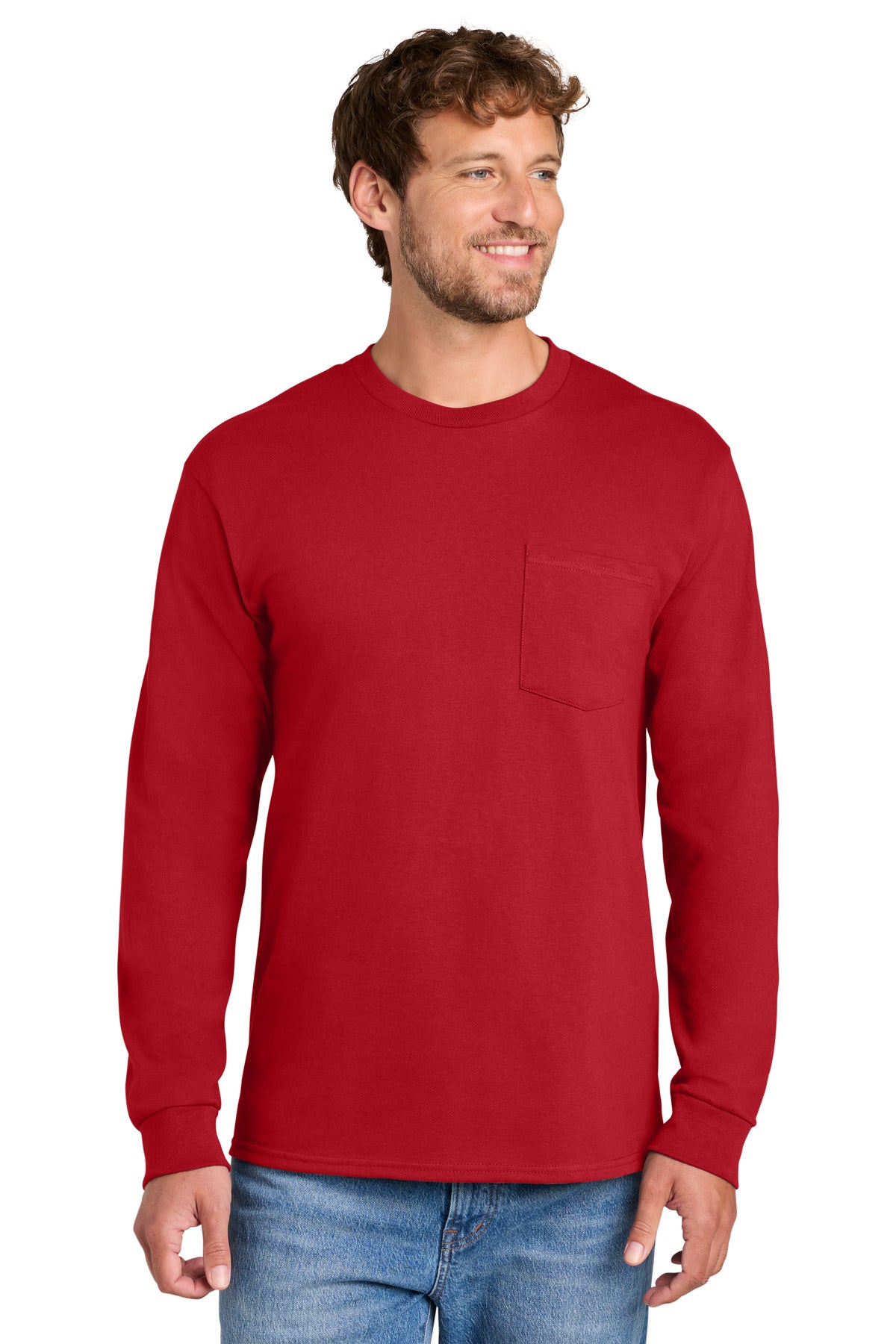 Port & Co Tall Long Sleeve Essential Pocket Tee. PC61LSPT - Red - front