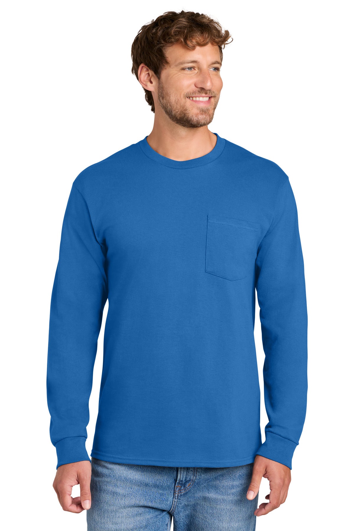 Port & Co Long Sleeve Essential Pocket Tee. PC61LSP - Royal - front