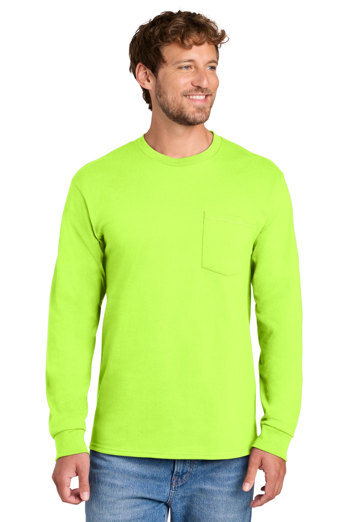 Port & Co Long Sleeve Essential Pocket Tee. PC61LSP - S. Green - front